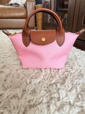 ✨ Longchamp Le Pliage Pink XS Handbag/Tote with Brown Leather Trim- NWOT